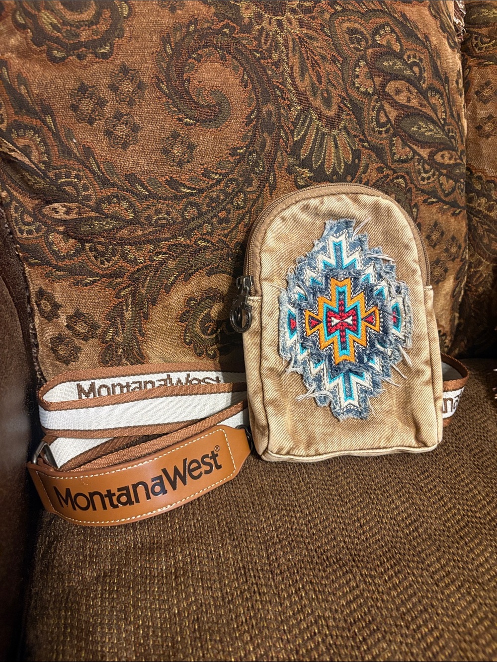 Montana West Tan Crossbody Bag with Multicolor Aztec Embroidery